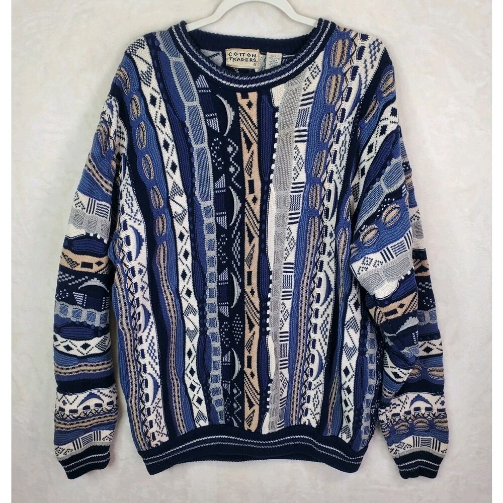 Vintage 90s Cotton Traders 3D Knit Blue Multicolor Sweater Mens Large